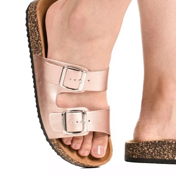 Rose Gold Dbl Buckle Platform Slide - Picture 3 of 4